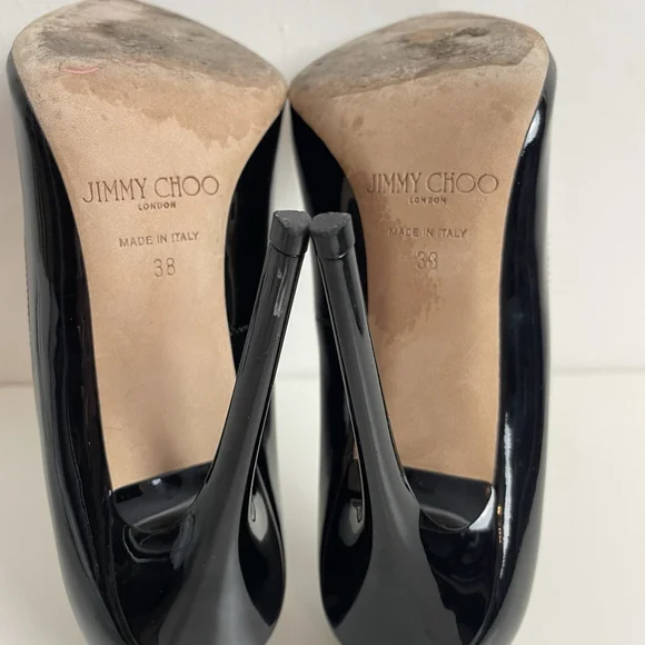 Jimmy Choo Black Patent Leather Pointed Toe Pumps Heels Size 38 Stiletto Classic - Picture 11 of 12